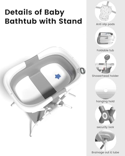 Collapsible Baby Bathtub with Stand and Soft Cushion