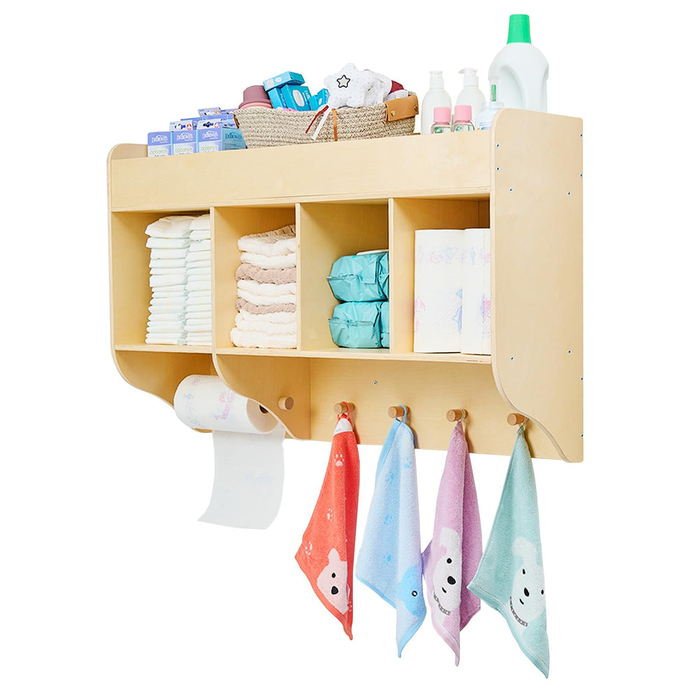 Wooden Wall Mounted Baby Diaper Organizer with Hooks