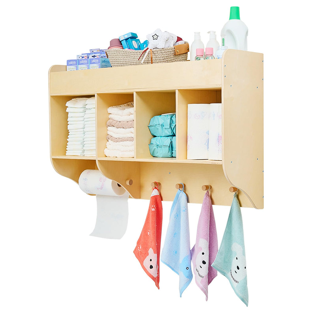 Wooden Wall Mounted Baby Diaper Organizer with Hooks