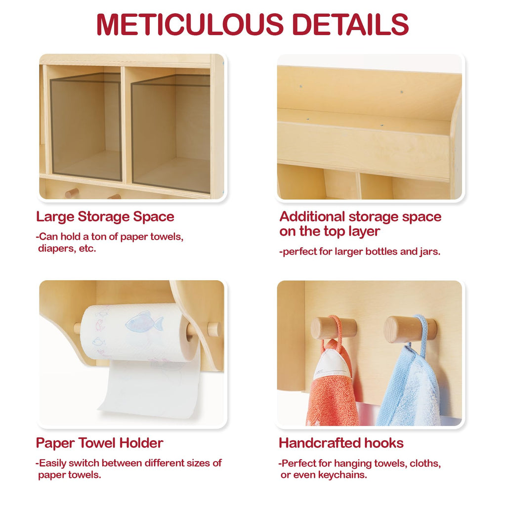 Wooden Wall Mounted Baby Diaper Organizer with Hooks