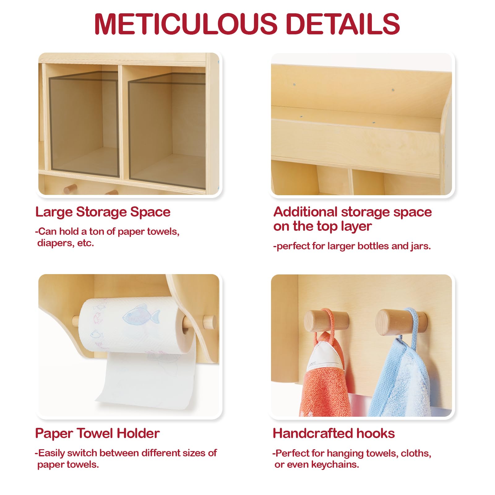 Wooden Wall Mounted Baby Diaper Organizer with Hooks