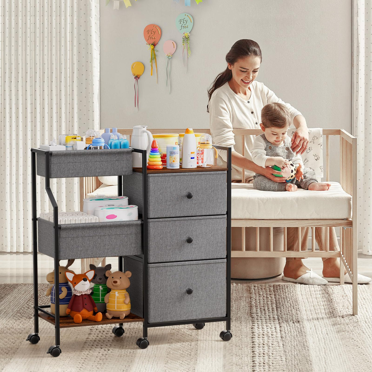 Rolling Baby Diaper Caddy Organizer Cart with Drawers